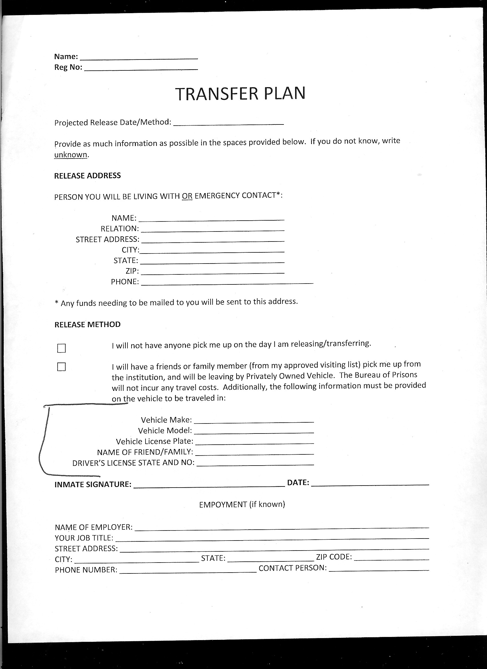 Herlong Prison Camp Transfer Plan Sheet